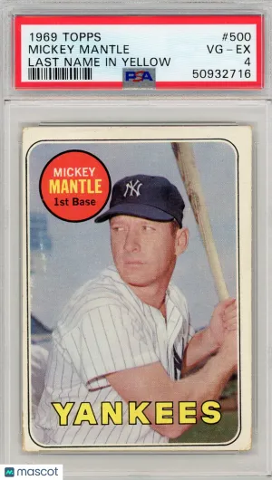 1969 Topps Mickey Mantle #500 Last Name In Yellow PSA 4