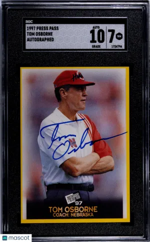 Graded 1997 Press Pass Tom Osborne Auto SGC 7 Auto 10 Nebraska Cornhuskers Football Card 1724794