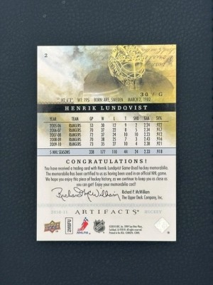 2020-21 Artifacts - Henrik Lundqvist - Dual Jersey /15 back