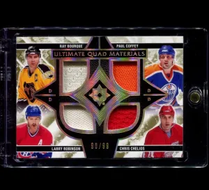 2018 UD QAUD MATERIALS BOURQUE ROBINSON COFFEY CHELIOS PATCH 90/99 3CLR
