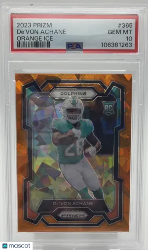2023 Panini Prizm Football Devon Achane #365 Orange Lazer Short Print Hologram Parallel/Variety Rookie Insert PSA 10
