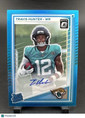 2025 Panini Donruss Optic Travis Hunter #101 Blue Prizm Auto Short Print Rookie Autograph Parallel/Variety Rookie Donrus