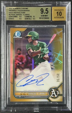 2022 Bowman Chrome Denzel Clarke Prospect Auto Gold Refractor /50 BGS 9.5 Auto 10
